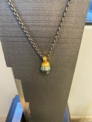 Tahitian Pearl 14mm in 24K Gold Setting and 18K Gold Clasp in Sterling Chain by George Schroeder