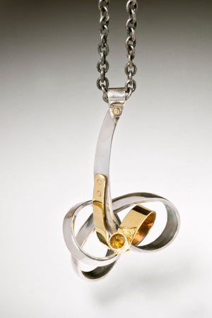 Forged Sculpture Pendant in18K Gold Sterling Silver Chain and Rose Cut Diamond and Sterling Clasp by George Schroeder