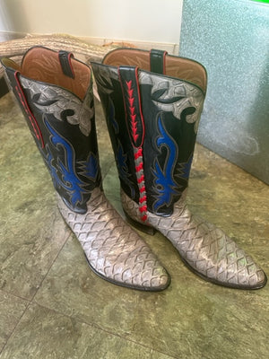 Gray Preban David Little's Custom Detailed Boots made in San Antonio Texas 12.5D Work of Art