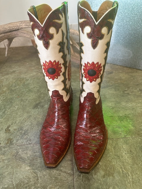 Burgundy Preban David Little's Custom Detailed Boots made in San Antonio Texas 12.5D Work of Art