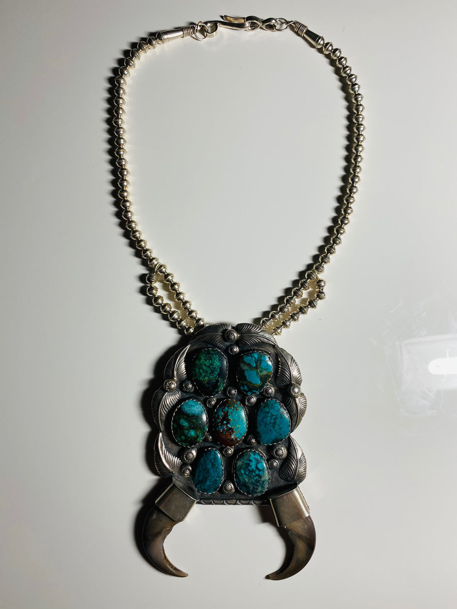 Amazing Old Pawn Navajo Squash Blossom Sterling &  Claws Turquoise Necklace