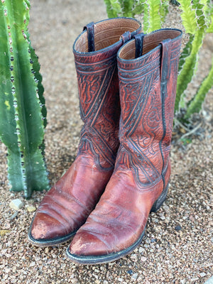 Vintage Handmade Lucchese Boots Leather Handmade in Burnt Saddle Color MENS