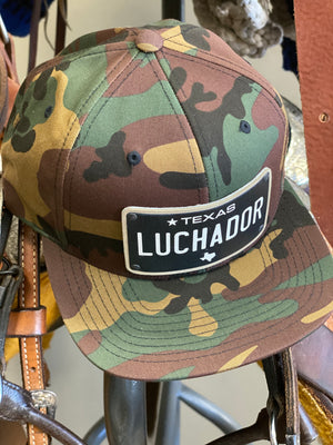Dos Laredos Texas Plate Brand 'LUCHADOR" Leather patch on Camo Baseball Snapback Hat