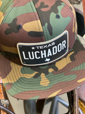 Dos Laredos Texas Plate Brand 'LUCHADOR" Leather patch on Camo Baseball Snapback Hat