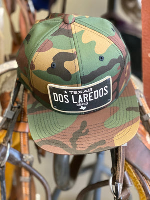 Dos Laredos Texas Plate Brand Leather patch on Camo Baseball Snapback Hat