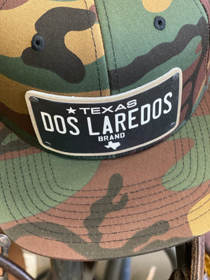 Dos Laredos Texas Plate Brand Leather patch on Camo Baseball Snapback Hat