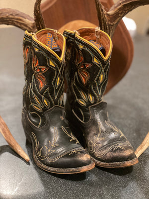 Vintage Acme Kids Boots Black with Red and Yellow Inlays Leather