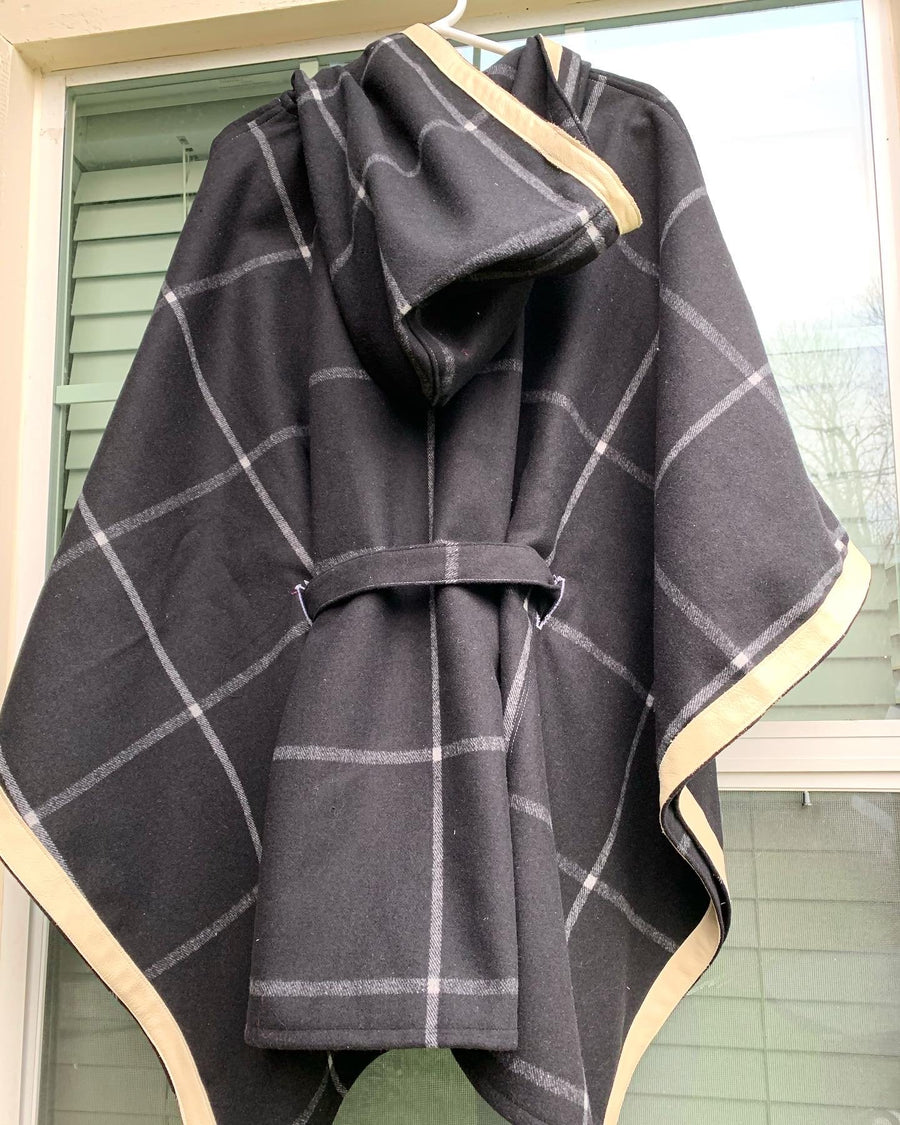 Womens White leather trimmed shawl with black striped wool.
