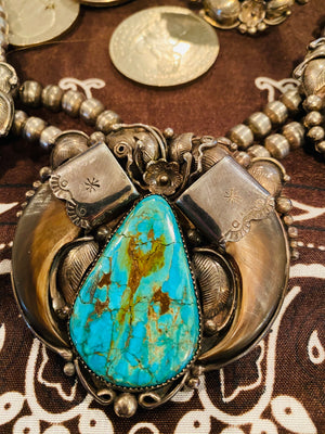 Vintage Navajo Native American Bear Claw Silver Turquoise Squash Blossom 3 Cuff, Ring, and Necklace Set Marked