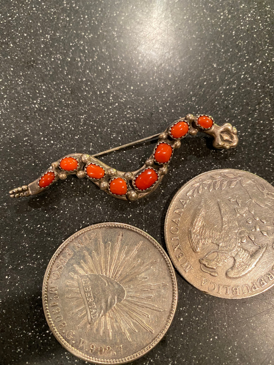 Navajo Rattlesnake Brooch Pin Sterling with 8 coral pieces - great for a hat pin