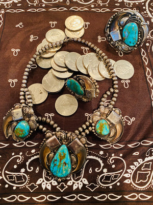 Vintage Navajo Native American Bear Claw Silver Turquoise Squash Blossom 3 Cuff, Ring, and Necklace Set Marked