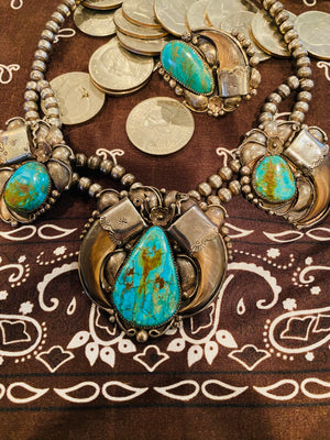 Vintage Navajo Native American Bear Claw Silver Turquoise Squash Blossom 3 Cuff, Ring, and Necklace Set Marked