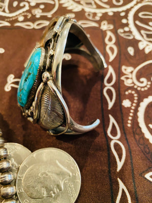 Vintage Navajo Native American Bear Claw Silver Turquoise Squash Blossom 3 Cuff, Ring, and Necklace Set Marked