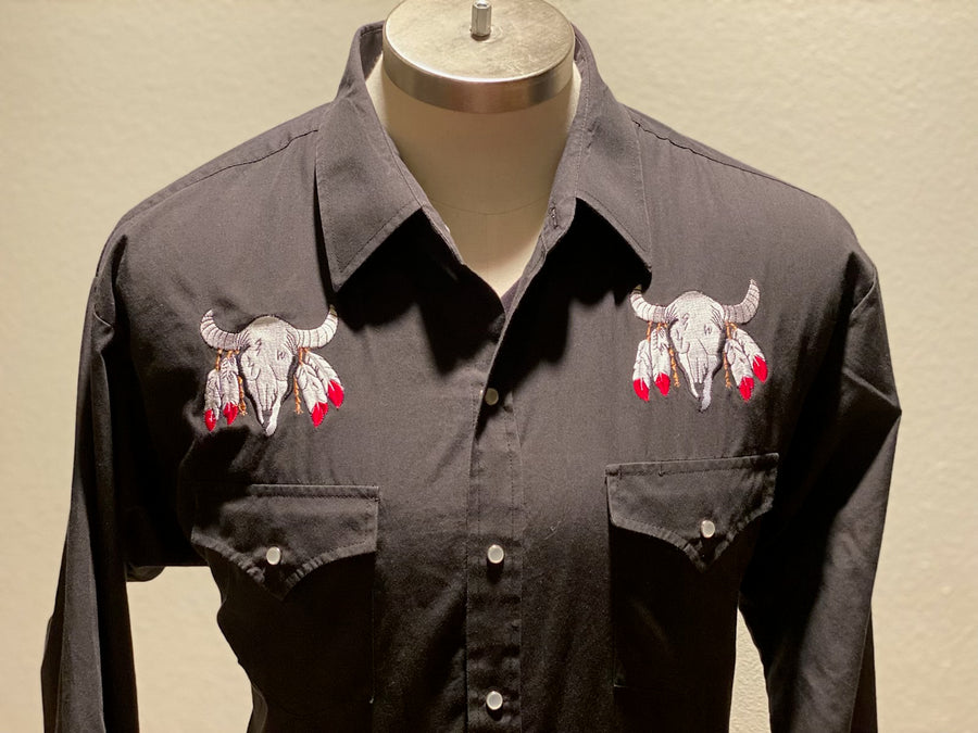 Vintage Western Rockabillly Western Shirt with bison skull embroidered