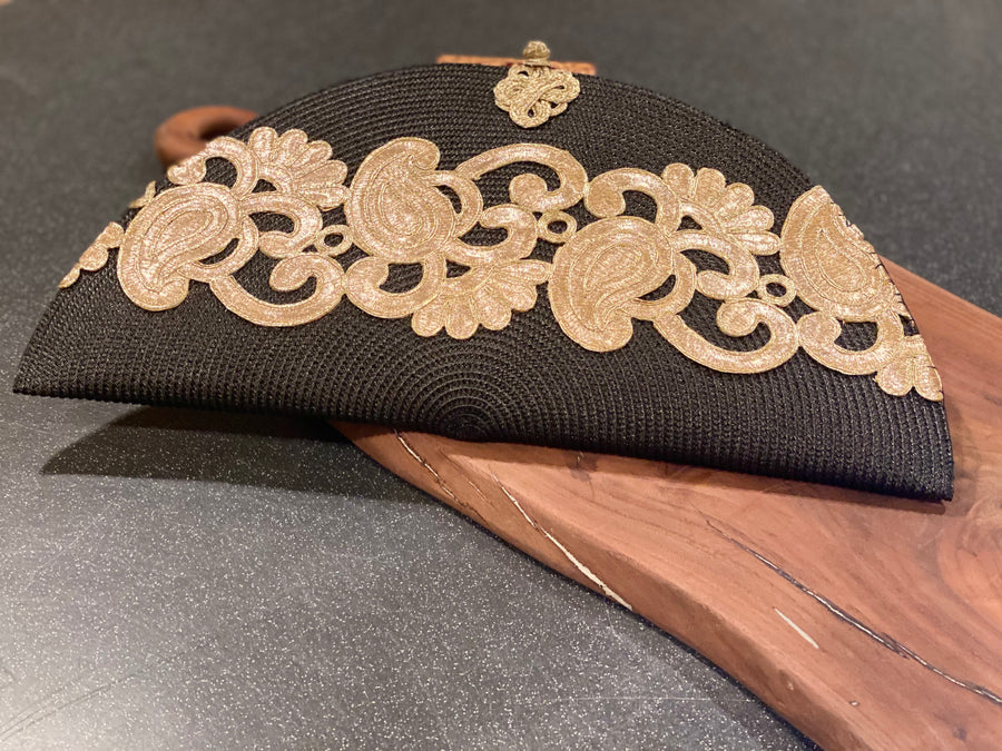 Black gold embroidered strap bag