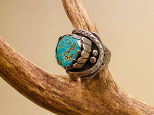 Heavy Navajo Pawn Turquiose Silver Turquoise Ring Markerd BRS Bear Claws