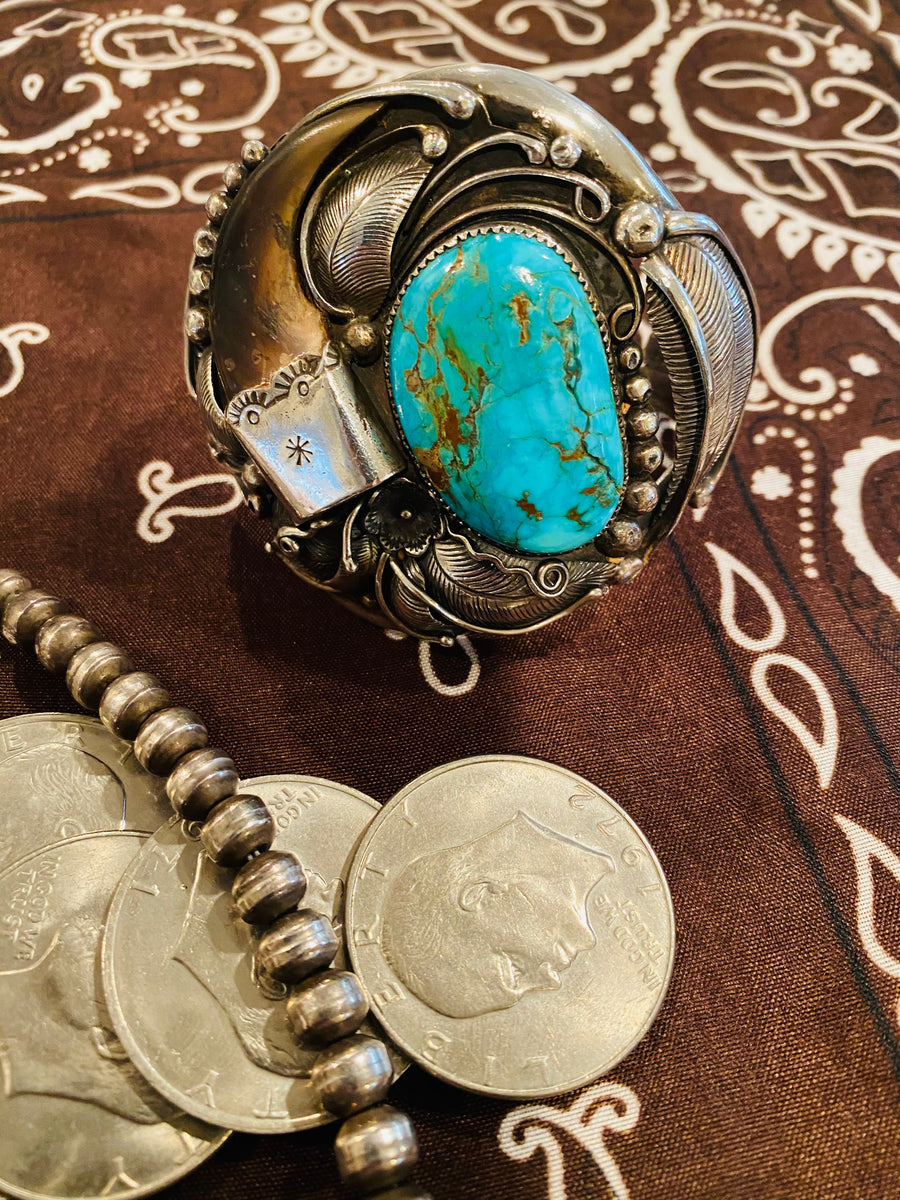 Vintage Navajo Native American Bear Claw Silver Turquoise Squash Blossom 3  Cuff, Ring, and Necklace Set Marked