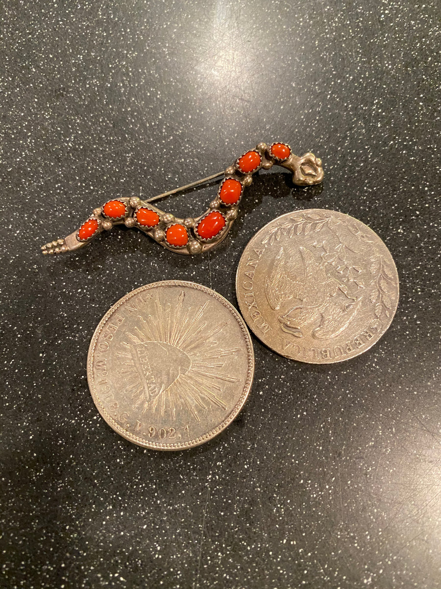 Navajo Rattlesnake Brooch Pin Sterling with 8 coral pieces - great for a hat pin