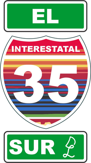 El Interstatal 35 Sur Tee with Sarape Background in Black.